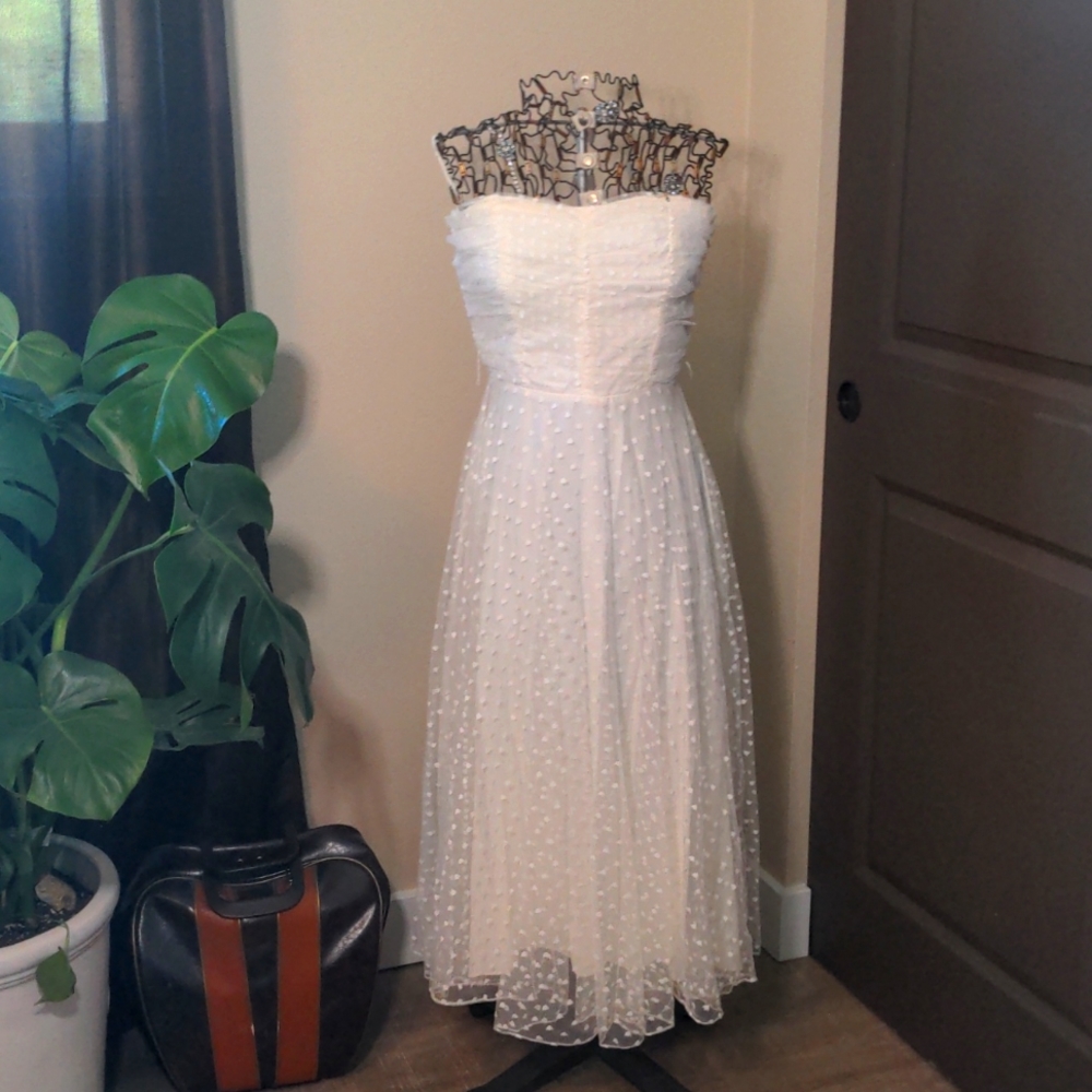 Vintage White Polkadot Wedding Prom strapless dress, size S